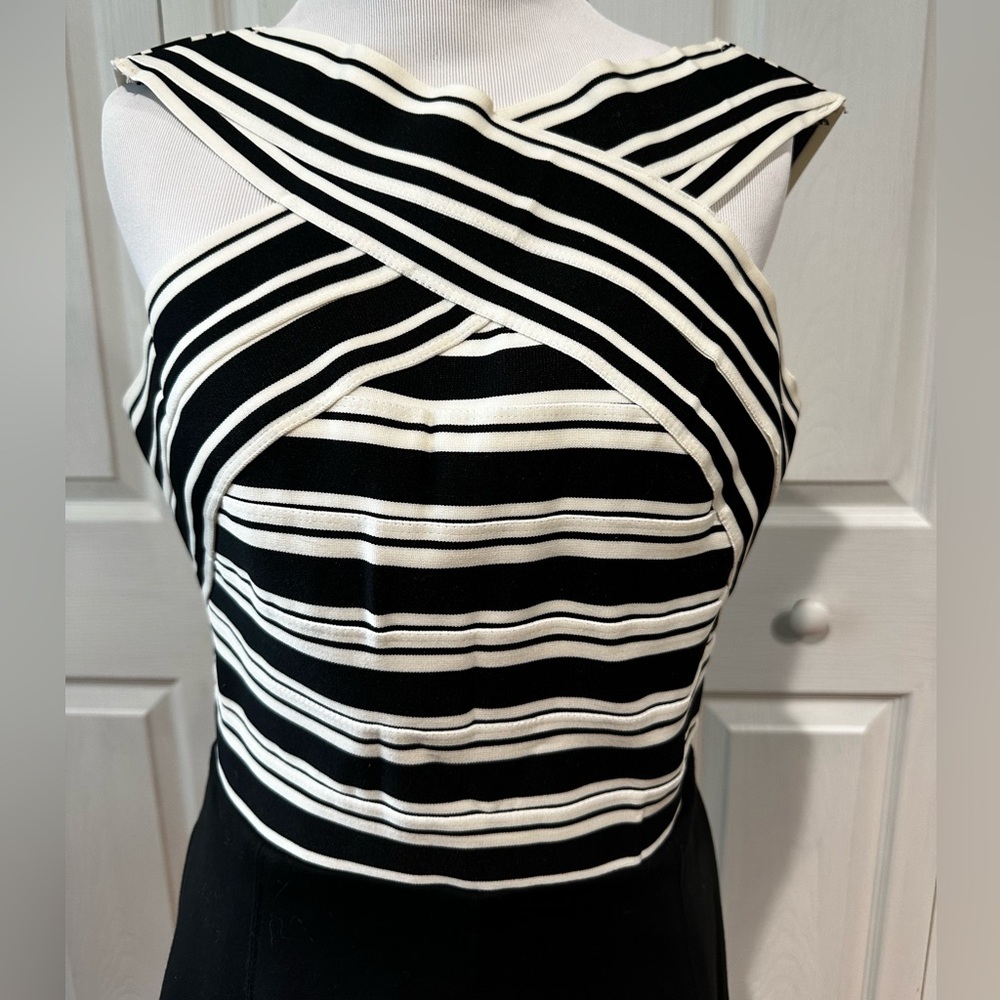 Maeve Black and White Striped Cross-Front Fit-and-Flare Dress - Picture 2 of 7